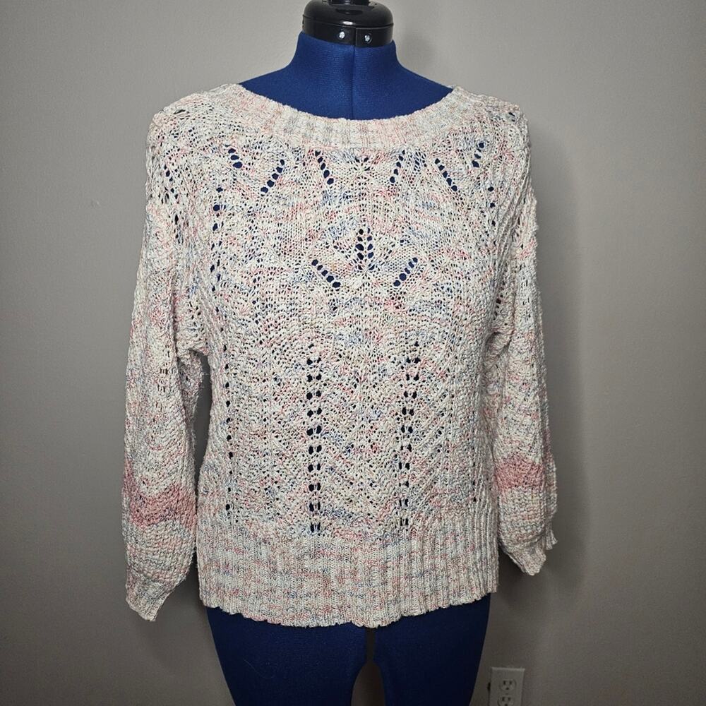 LC Multicolor Pointelle Open Knit Bow Tie Back Coquette Sweater XS